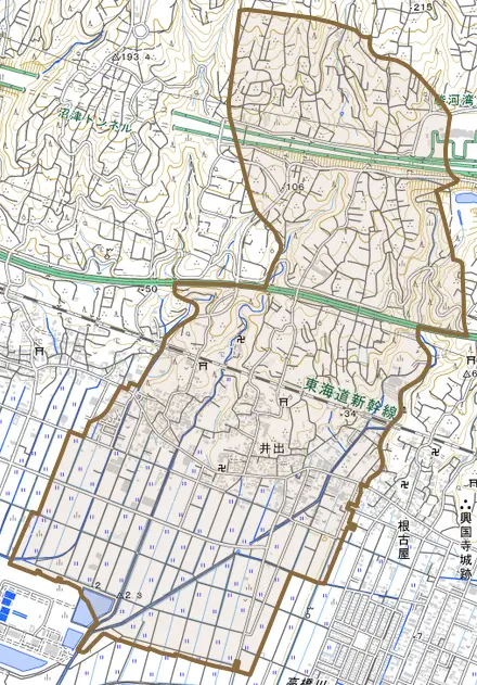 井出とその周辺の地図。町の範囲を重ねている