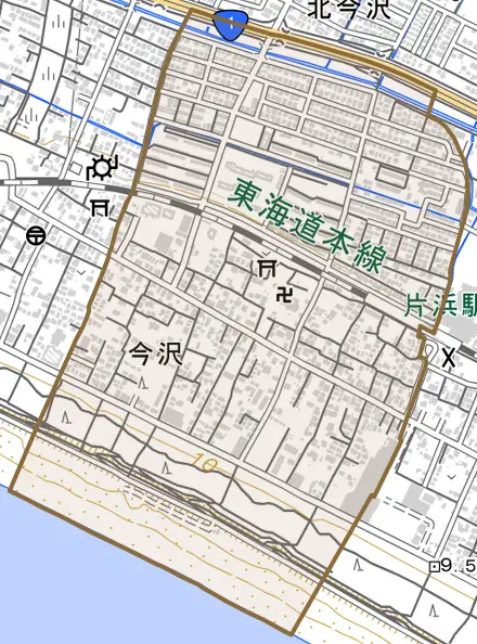 今沢とその周辺の地図。町の範囲を重ねている