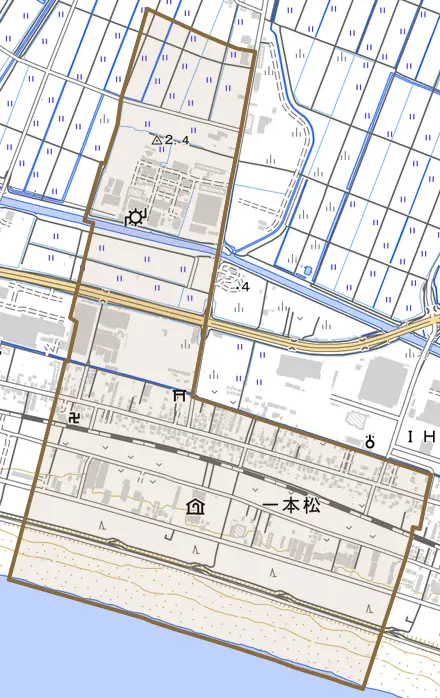 一本松とその周辺の地図。町の範囲を重ねている