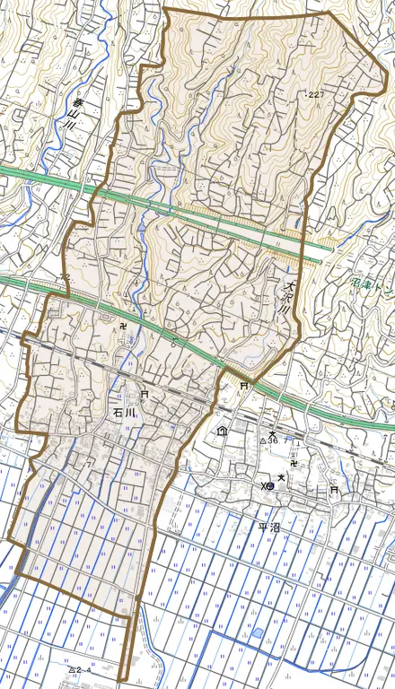 石川とその周辺の地図。町の範囲を重ねている