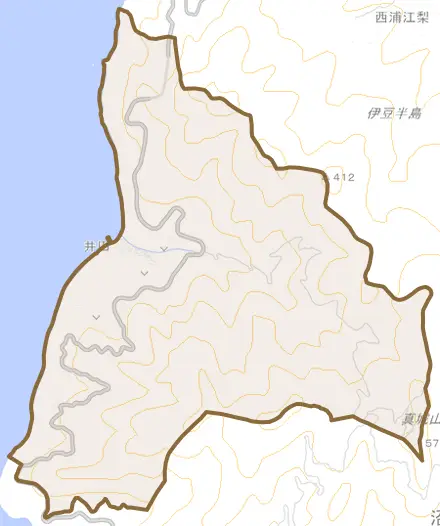 井田とその周辺の地図。町の範囲を重ねている