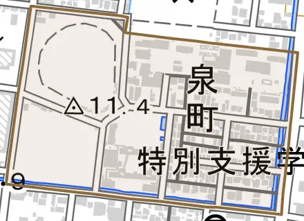 泉町とその周辺の地図。町の範囲を重ねている