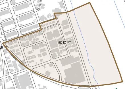 蛇松町とその周辺の地図。町の範囲を重ねている
