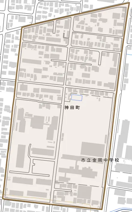 神田町とその周辺の地図。町の範囲を重ねている
