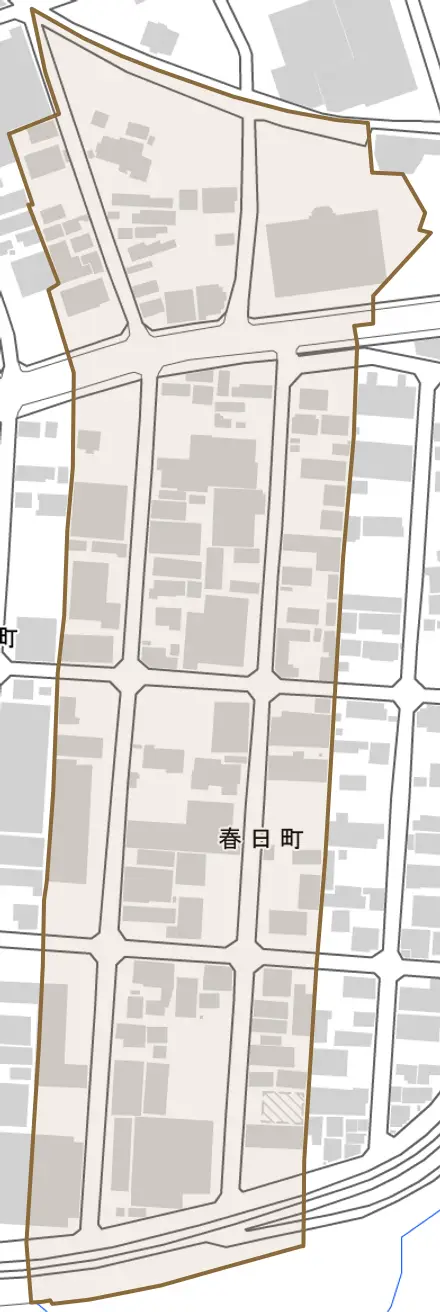 春日町とその周辺の地図。町の範囲を重ねている