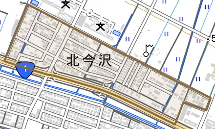 北今沢とその周辺の地図。町の範囲を重ねている