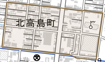 北高島町とその周辺の地図。町の範囲を重ねている