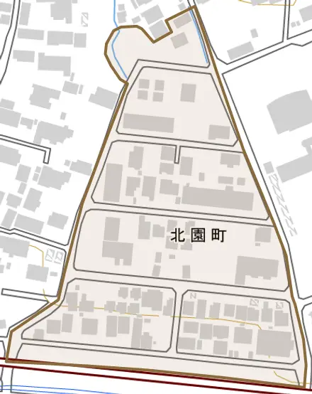 北園町とその周辺の地図。町の範囲を重ねている