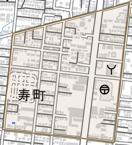 寿町とその周辺の地図。町の範囲を重ねている
