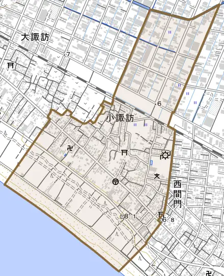 小諏訪とその周辺の地図。町の範囲を重ねている