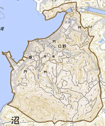 口野とその周辺の地図。町の範囲を重ねている