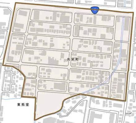 共栄町とその周辺の地図。町の範囲を重ねている