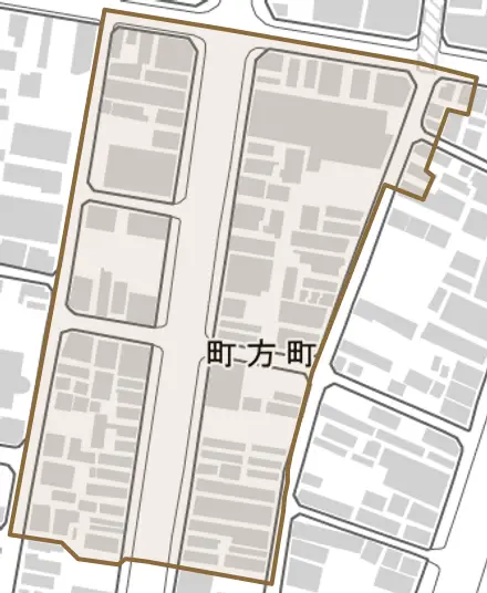 町方町とその周辺の地図。町の範囲を重ねている