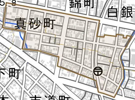 真砂町とその周辺の地図。町の範囲を重ねている