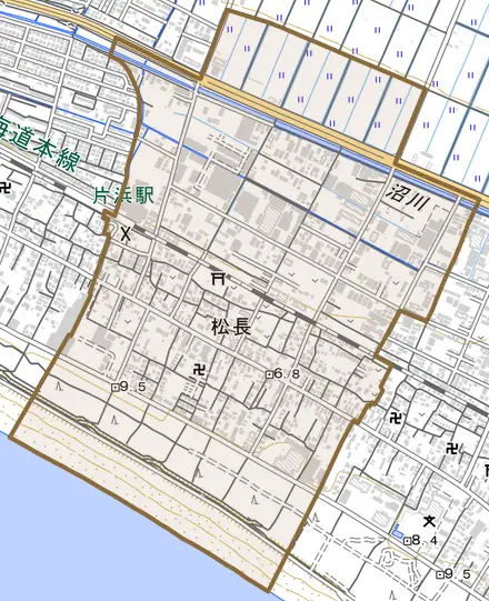松長とその周辺の地図。町の範囲を重ねている