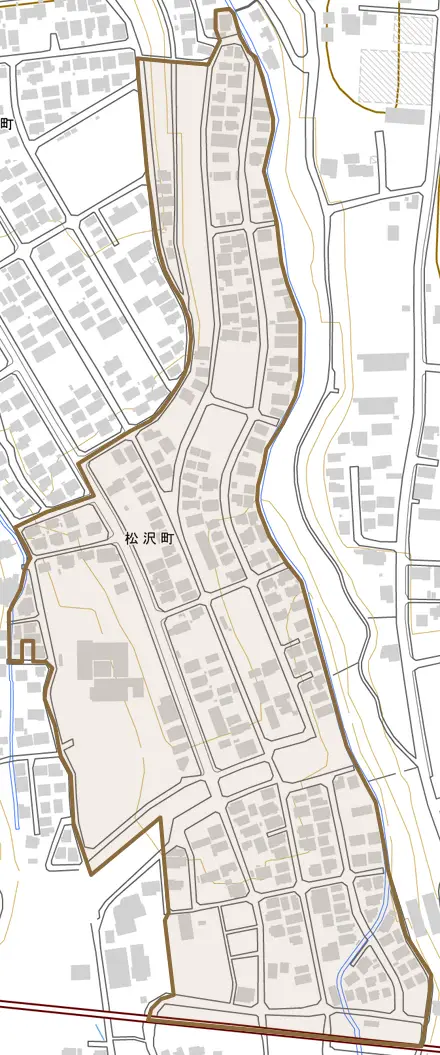 松沢町とその周辺の地図。町の範囲を重ねている