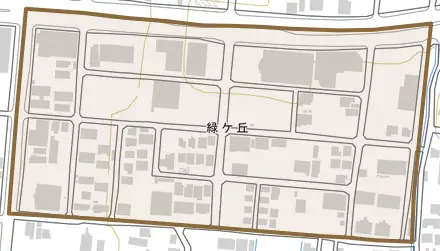 緑ケ丘とその周辺の地図。町の範囲を重ねている