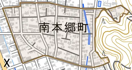 南本郷町とその周辺の地図。町の範囲を重ねている