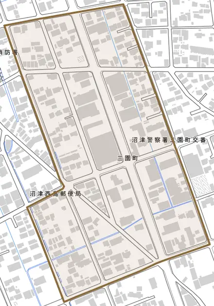 三園町とその周辺の地図。町の範囲を重ねている