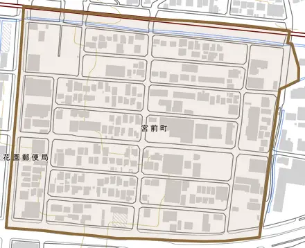 宮前町とその周辺の地図。町の範囲を重ねている
