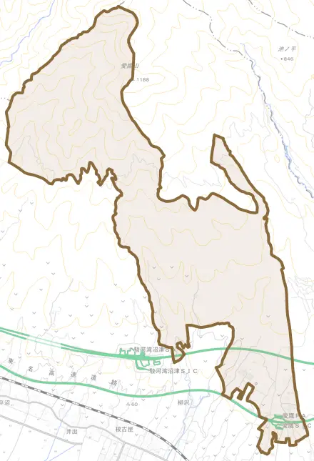 宮本とその周辺の地図。町の範囲を重ねている