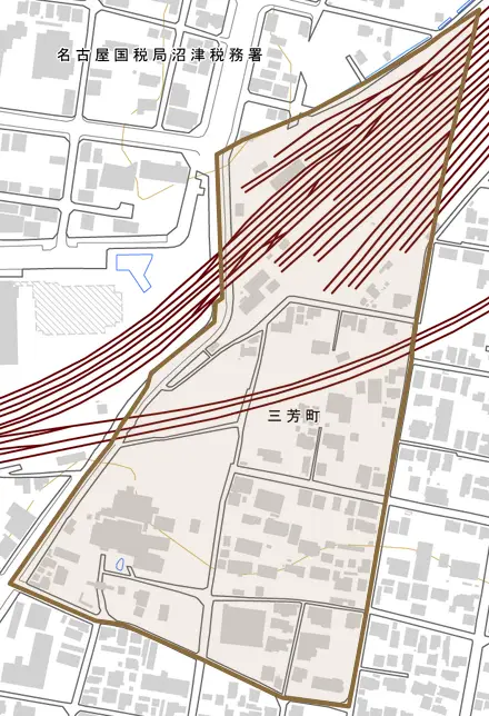 三芳町とその周辺の地図。町の範囲を重ねている