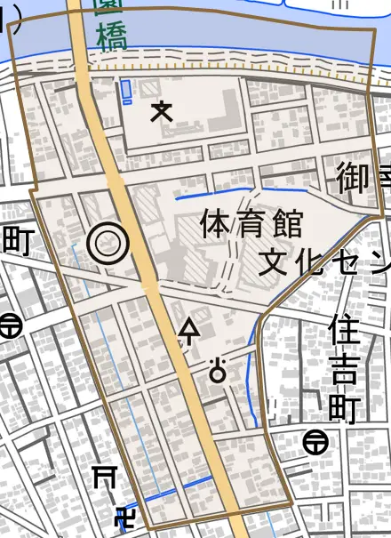 御幸町とその周辺の地図。町の範囲を重ねている