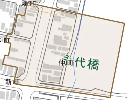 仲町とその周辺の地図。町の範囲を重ねている