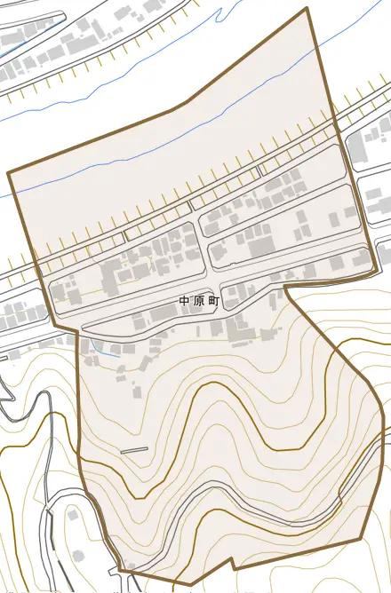 中原町とその周辺の地図。町の範囲を重ねている