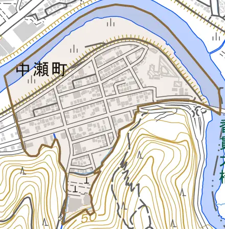 中瀬町とその周辺の地図。町の範囲を重ねている