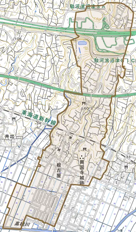 根古屋とその周辺の地図。町の範囲を重ねている