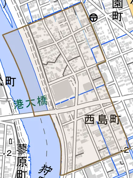 西島町とその周辺の地図。町の範囲を重ねている