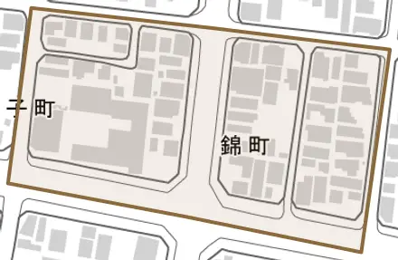 錦町とその周辺の地図。町の範囲を重ねている