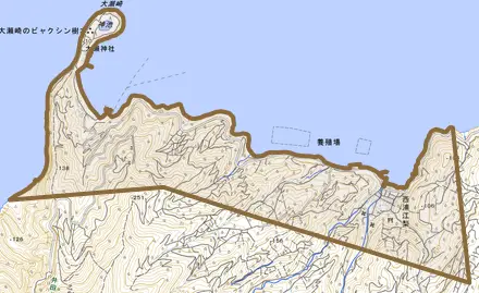 西浦江梨とその周辺の地図。町の範囲を重ねている