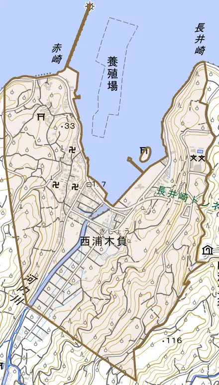 西浦木負とその周辺の地図。町の範囲を重ねている