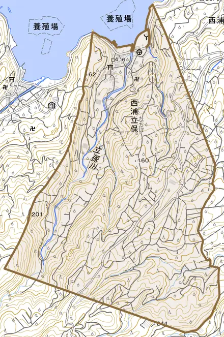 西浦立保とその周辺の地図。町の範囲を重ねている