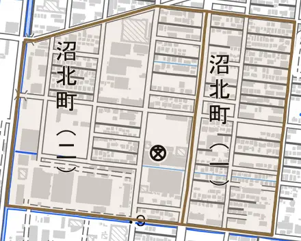 沼北町とその周辺の地図。町の範囲を重ねている