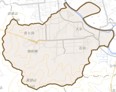 大平とその周辺の地図。町の範囲を重ねている
