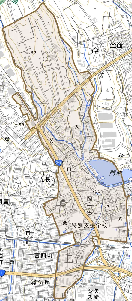 岡一色とその周辺の地図。町の範囲を重ねている