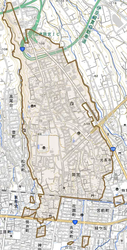 岡宮とその周辺の地図。町の範囲を重ねている