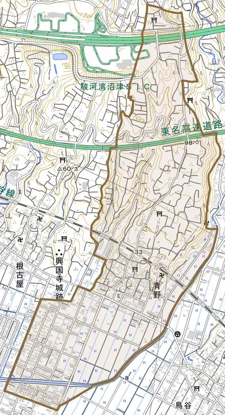 青野とその周辺の地図。町の範囲を重ねている