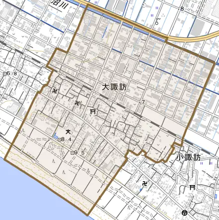 大諏訪とその周辺の地図。町の範囲を重ねている