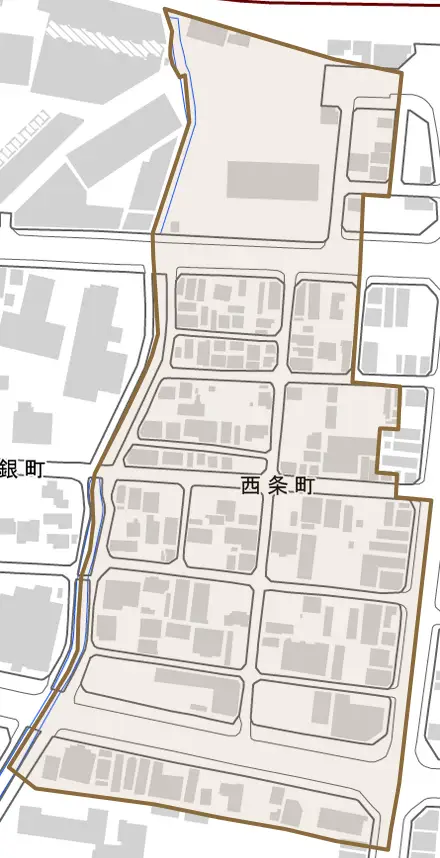 西条町とその周辺の地図。町の範囲を重ねている