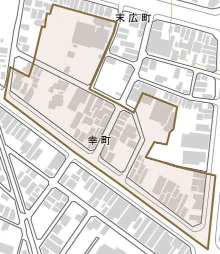 幸町とその周辺の地図。町の範囲を重ねている