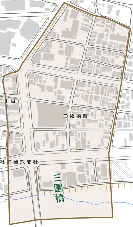 三枚橋町とその周辺の地図。町の範囲を重ねている