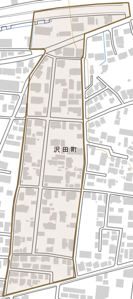 沢田町とその周辺の地図。町の範囲を重ねている