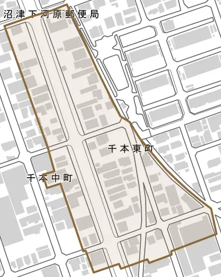 千本東町とその周辺の地図。町の範囲を重ねている