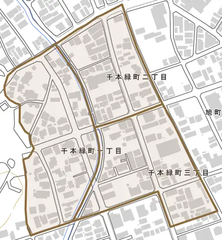 千本緑町とその周辺の地図。町の範囲を重ねている