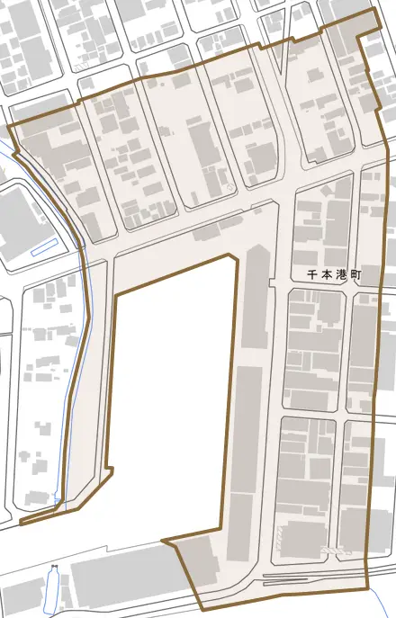 千本港町とその周辺の地図。町の範囲を重ねている