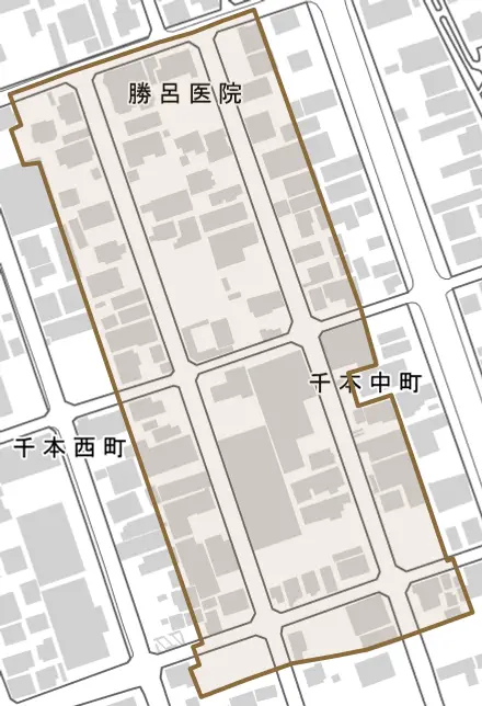 千本中町とその周辺の地図。町の範囲を重ねている